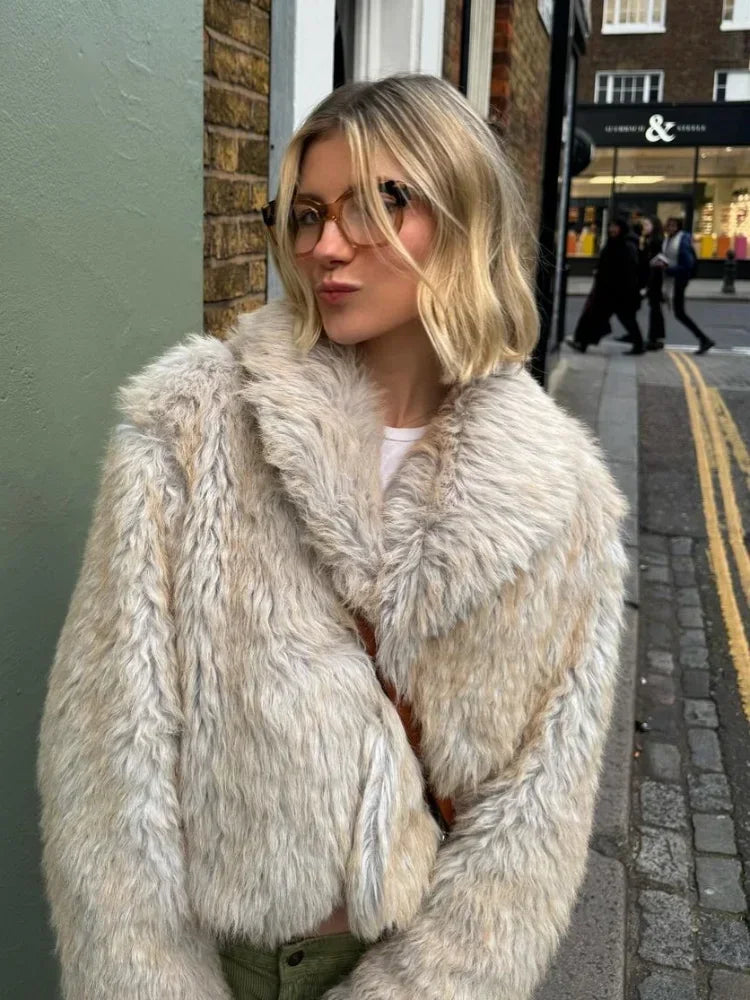 maoxiangshop  -  Women Autumn Winter Thicken Faux Fur Coat Elegant Lapel Long Sleeves Fluffy Short Overcoat Chic Lady High Street Warm Outerwear