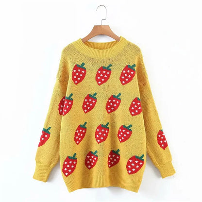 maoxiangshop Cute Strawberry Sweater Women Soft Jacquard Knit Pullover Jumper Teen Girl Autumn Winter Outfit