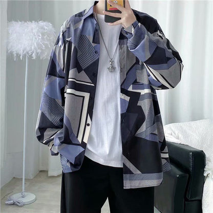 maoxiangshop Men's Clothing Turn-down Collar Handsome Long Sleeve Button Spring Summer Thin Man Printing Loose Streetwear Casual Korean