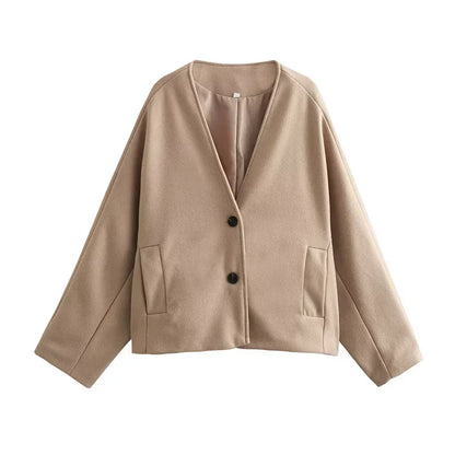 maoxiangshop  -  Grey Jackets for Women V-Neck Casual Coat Autumn 2024 New Fashion Single Breasted Long Sleeve Female Jacket Outwear