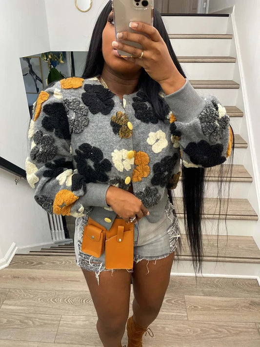 maoxiangshop Cotton Rib Knit Sweater For Woman 3D Flower Single-breasted Cardigan Coat Street Temperament Casual Pull Hiver Femme