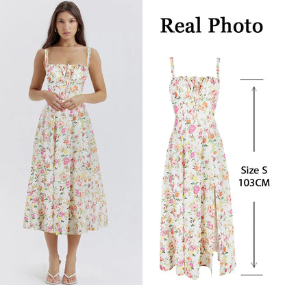 Floral Print Summer Holiday Dress Elegant Midi Spaghetti Strap Lace Up Dress A Line Casual Women Clothing