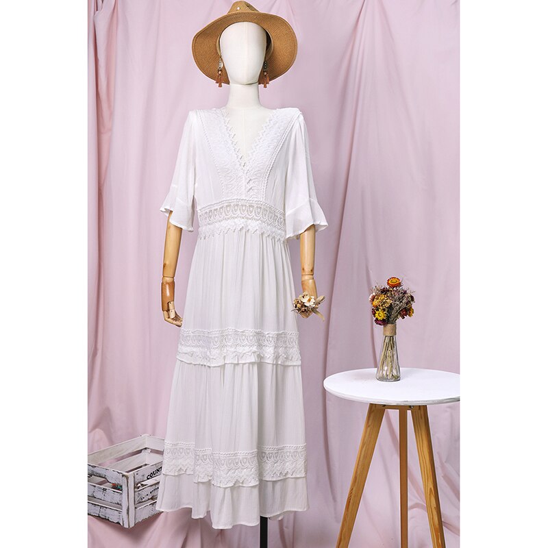 Spring Summer Dress Women White Patchwork Lace V-Neck Ruffle Sleeve Long Dresses Boho Casual Beach Vestidos