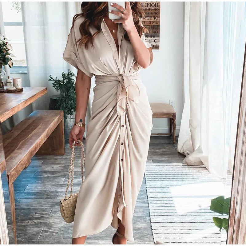 maoxiangshop Women Summer Elegant Button Ruched Bandage Shirt Dress Fashion Casual Short Sleeve Solid V Neck Beach Maxi Dress