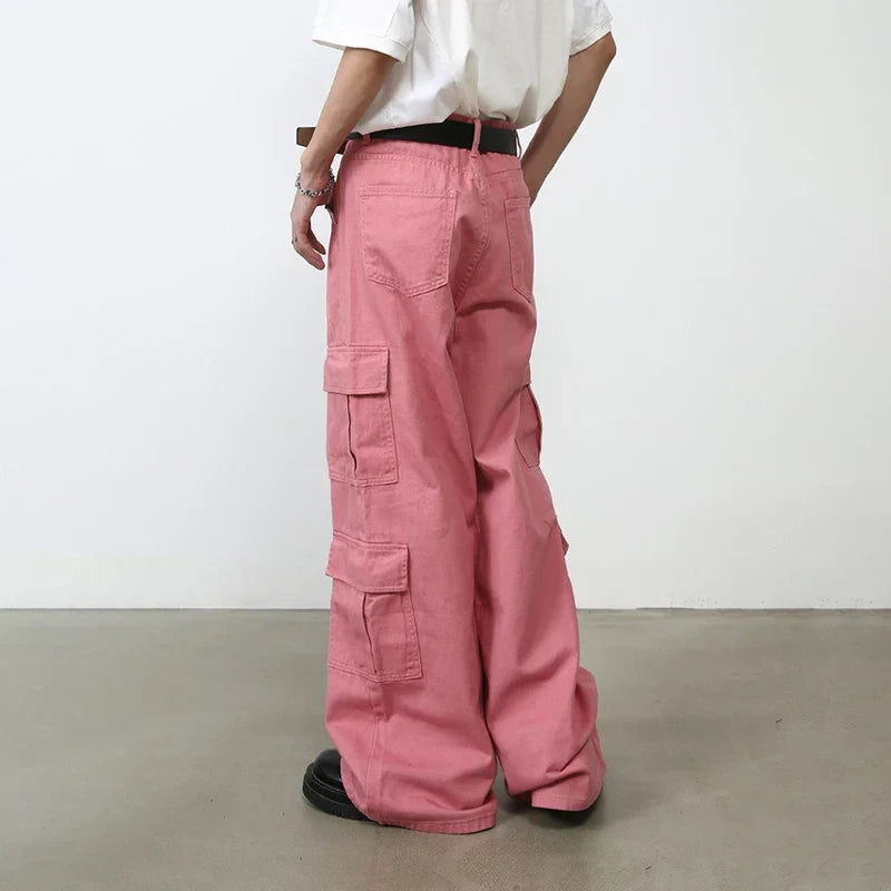 maoxiangshop Pink Cargo Jeans Pants Men Oversize Wide Leg Denim Trousers Male Loose Casual Japanese Streetwear Hip Hop Pocket