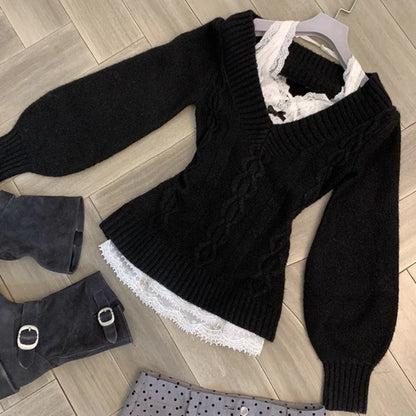 maoxiangshop  -  2024 Women Grunge Knitted Twist Sweaters Y2k Aesthetic Women Streetwear Sweet Jumpers Harajuku Vintage Slim Fit Autumn Knitwear
