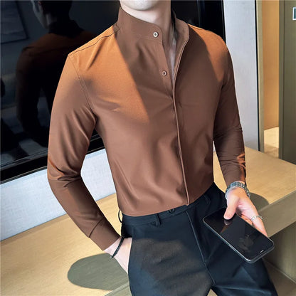 maoxiangshop Camisas De Hombre Stand Collar Luxury Shirts For Men Quality Camisa Masculina Stretch Slim Fit Mens Dress Shirts Formal Clothes