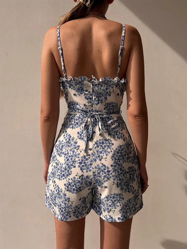 maoxiangshop Summer Floral Short Jumpsuits Women Sexy White Backless Lace-up Beach Playsuit Fashion Wide Leg Rompers Womens Jumpsuit