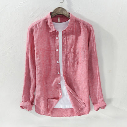 maoxiangshop Mens Cotton Linen Shirt Breathable Casual Solid Colors Loose Turn-down Collar Long Sleeve Button Down Blouse Tops Shirts For Man