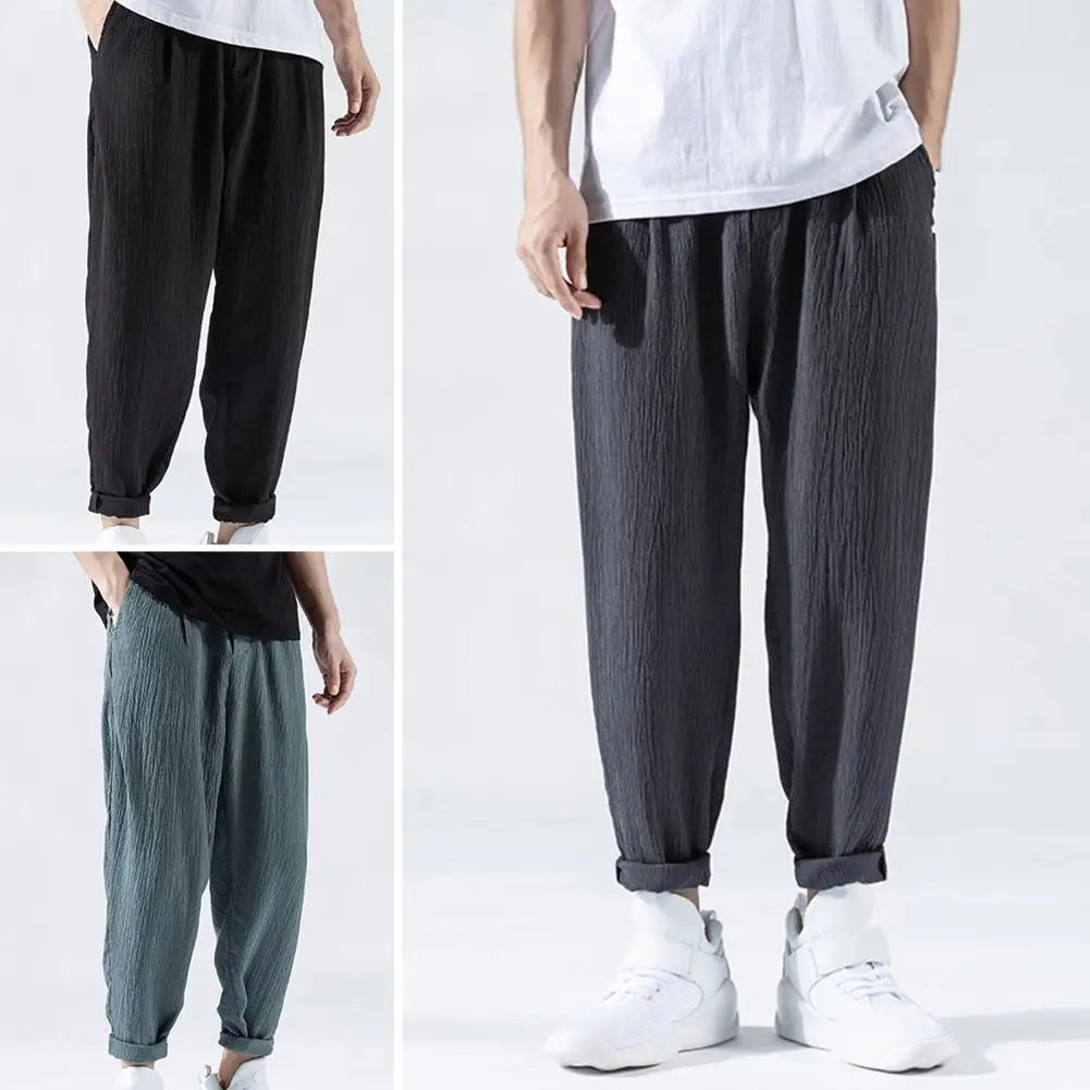 maoxiangshop Japanese Loose Men's Cotton Linen Pants Male Summer New Breathable Solid Color Linen Trousers Fitness Streetwear Plus Size M-3XL