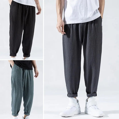 maoxiangshop Japanese Loose Men's Cotton Linen Pants Male Summer New Breathable Solid Color Linen Trousers Fitness Streetwear Plus Size M-3XL
