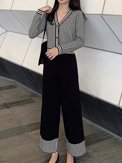 Autumn Knit 2 Piece Set Women Houndstooth Cardigan Sweater + Wide-Leg Pants Two Piece Outfits Women Crop Top Trousers Suits