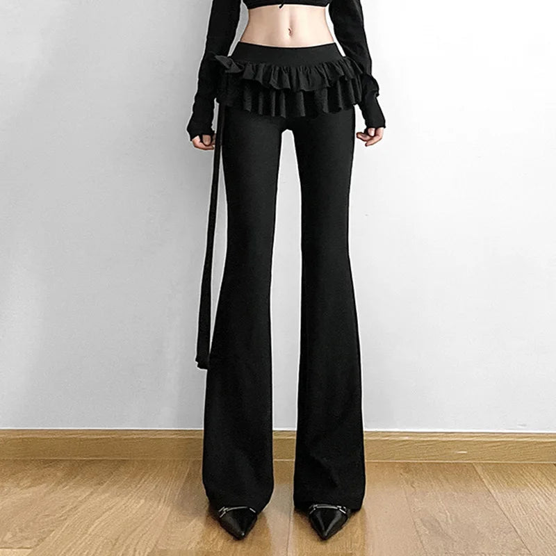 maoxiangshop -  2024 Spring Solid Casual High Waist Women Pants Black High Stretch Lace Up Trousers Female Winter New Ruffle Outside Streetwear