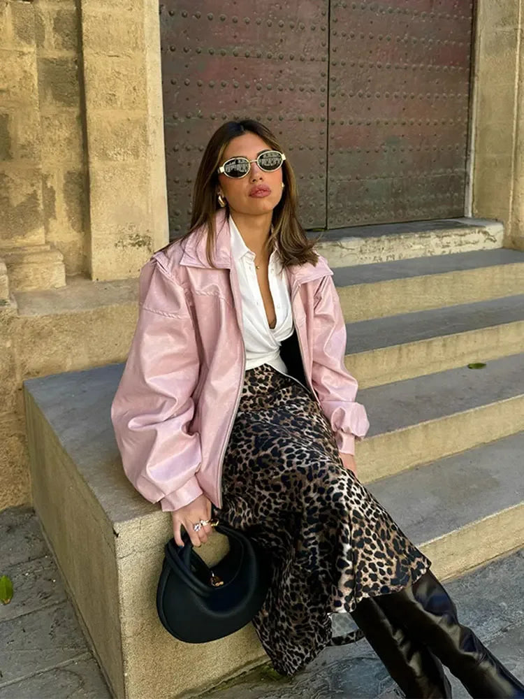 maoxiangshop  -  Chic Women Solid Pink Short Leather Jacket Elegant Lapel Lantern Long Sleeves Zipper Crop Coat Autumn Lady Commuting Outerwear