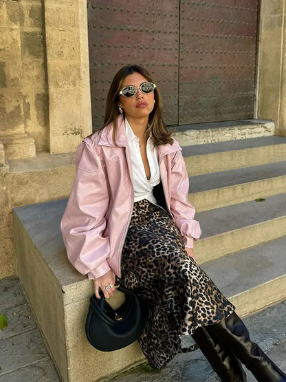 maoxiangshop  -  Chic Women Solid Pink Short Leather Jacket Elegant Lapel Lantern Long Sleeves Zipper Crop Coat Autumn Lady Commuting Outerwear