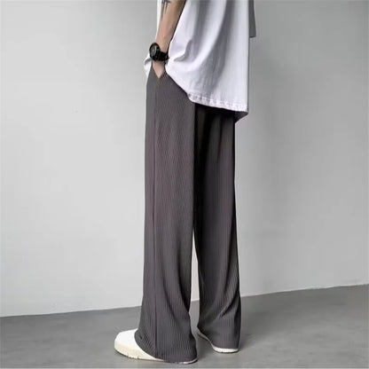 maoxiangshop Summer Texture Straight Pants For Men Korean Fashion Baggy Wide-leg Trousers Casual Drape Pleated Striped Y2K Pantalones Hombre
