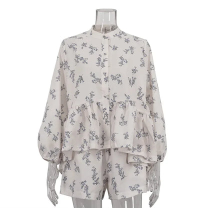 maoxiangshop  -  Print Shorts Suit Women's Chic Puff Sleeve Ruffled Splice T-Shirt Loose Shorts Matching Set Female Fashion Autumn Outfits
