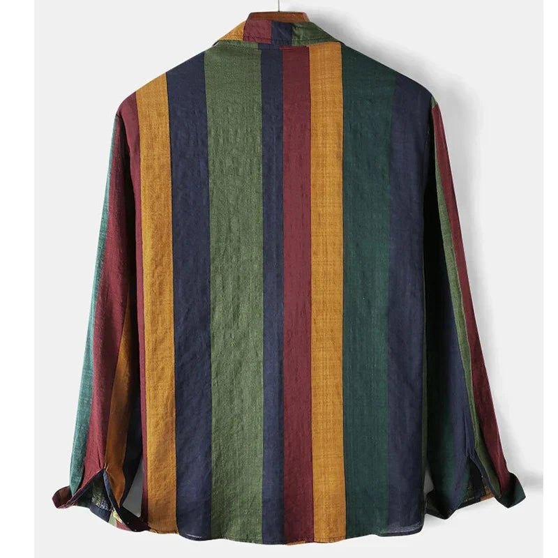 maoxiangshop Spring and Autumn Men's Street Colorful Vertical Stripes Loose Relaxed Polo Collar Single Breasted Long Sleeve Shirt New
