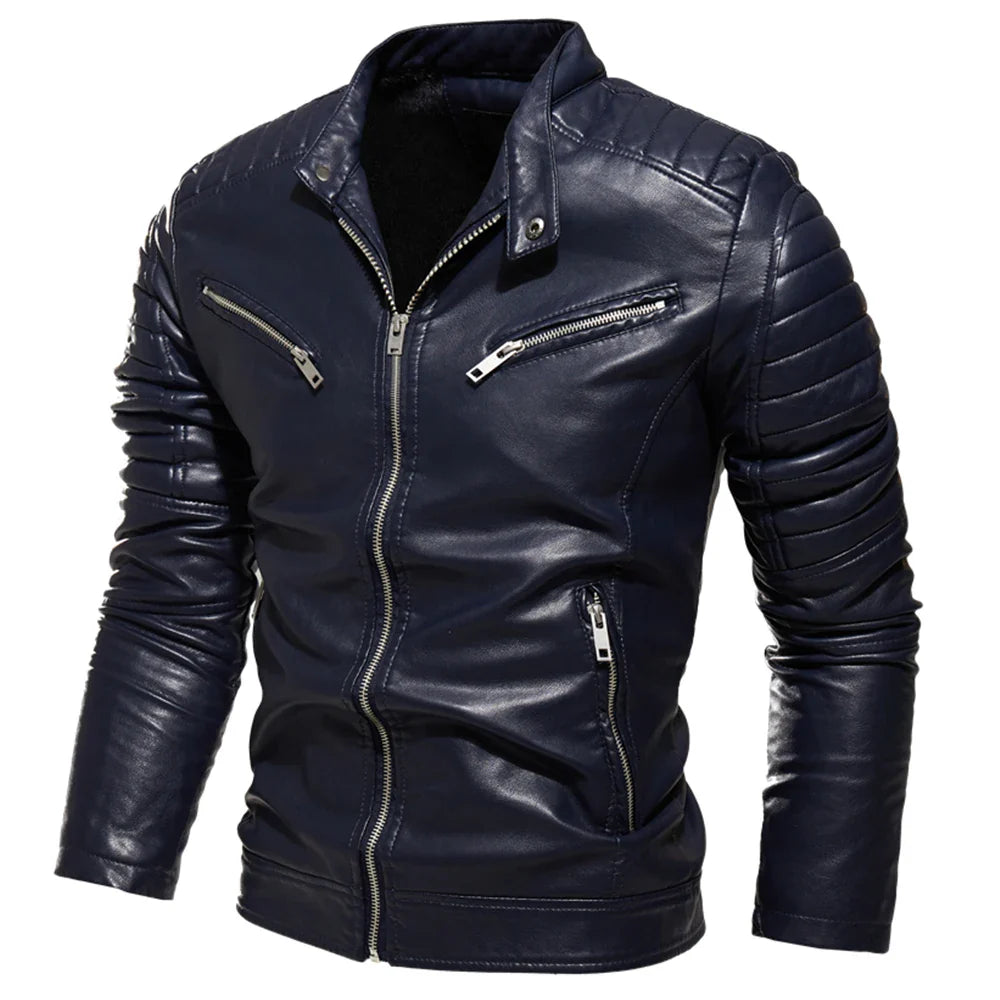 maoxiangshop Winter Black Leather Jacket Men Fur Lined Warm Motorcycle Jacket Slim Street Fashion BLack Biker Coat Pleated Design Zipper
