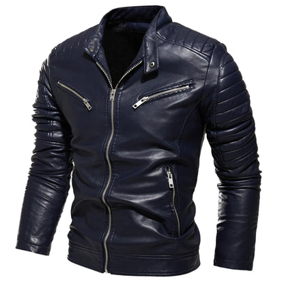 maoxiangshop Winter Black Leather Jacket Men Fur Lined Warm Motorcycle Jacket Slim Street Fashion BLack Biker Coat Pleated Design Zipper