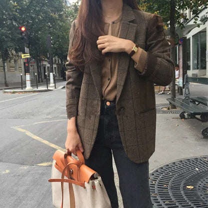 maoxiangshop Women's Plaid Brown Blazer Coat Elegant Female Autumn Business Style Outfits Polyester Spring Jacket Tops Korean Overcoat