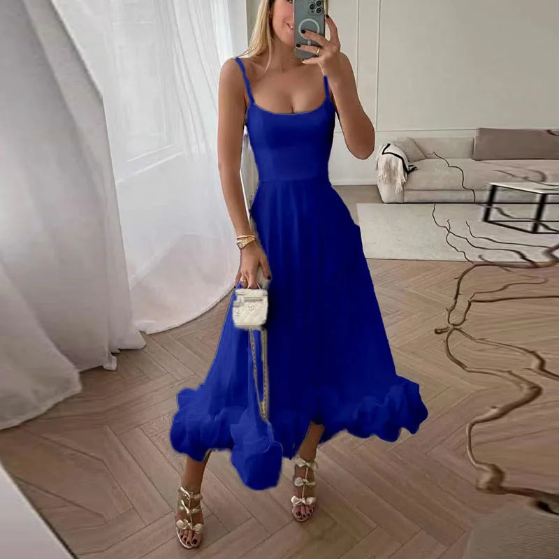 maoxiangshop Sexy Suspender Backless Women Party Long Dress Fashion Sleeveless Big Hem Ruffle Dress Ladies Elegant O-neck Solid Slim Dresses