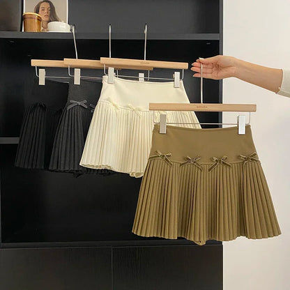 maoxiangshop Preppy Style Mini Skirt Women High Waist A-line Bow Female Pleated Skirts with Shorts Korean Fashion Autumn Skirts