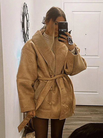 Winter Oversized Fake Shearling Jackets For Women Winter Streetwear Belts Thick Warm Faux Teddy Fur Coat Double Faced Tops