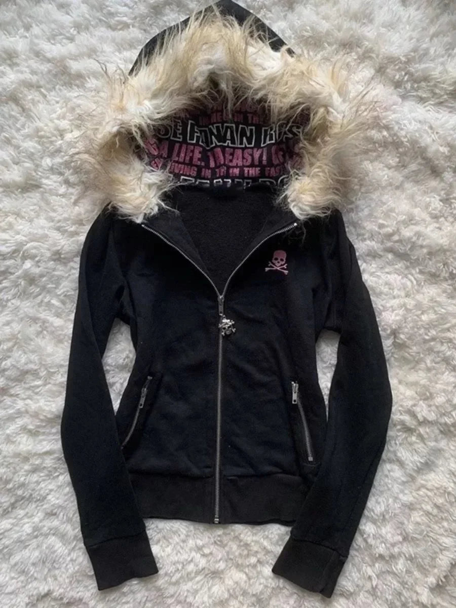 maoxiangshop  -  Y2k Warm with Fur Collar Short Fashion Sweatshirts Winter Long Sleeved Couple Tops Solid Zip Up Slim and Versatile Hoodies women