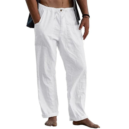 maoxiangshop New Men's Cotton Linen Pants Summer Solid Color Breathable Linen Trousers Summer elastic waist drawstring loose pants