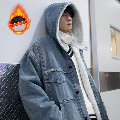 maoxiangshop Men Winter Fleece Hooded Jean Jackets Blue Cowboy Outerwear Thick Warm Denim Coats Big Pockets Men Denim Jacket Plus Size 4XL-S