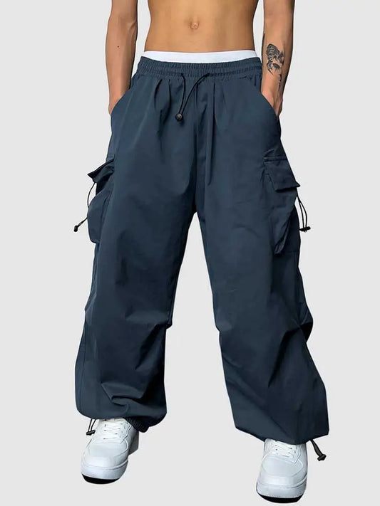 maoxiangshop Loose Fit Cargo Pants for Men Solid Streetwear Tooling Trousers Mid-waist Drawstring Beam Feet Long Pants