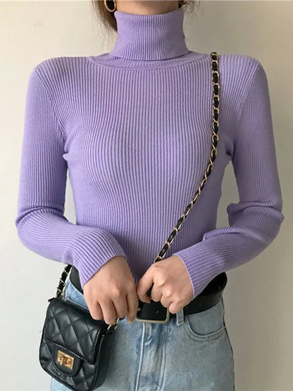 maoxiangshop New Women Pullover Turtleneck Sweater Autumn Long Sleeve Slim Elastic Korean Simple Basic Cheap Jumper Solid Color Top