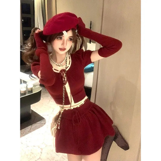 maoxiangshop  -  Sexy Two piece Set Women Outfits Winter New Christmas and New Year Dark Red Waist Cinched Slim Knitted Sweater Top Short Skirt
