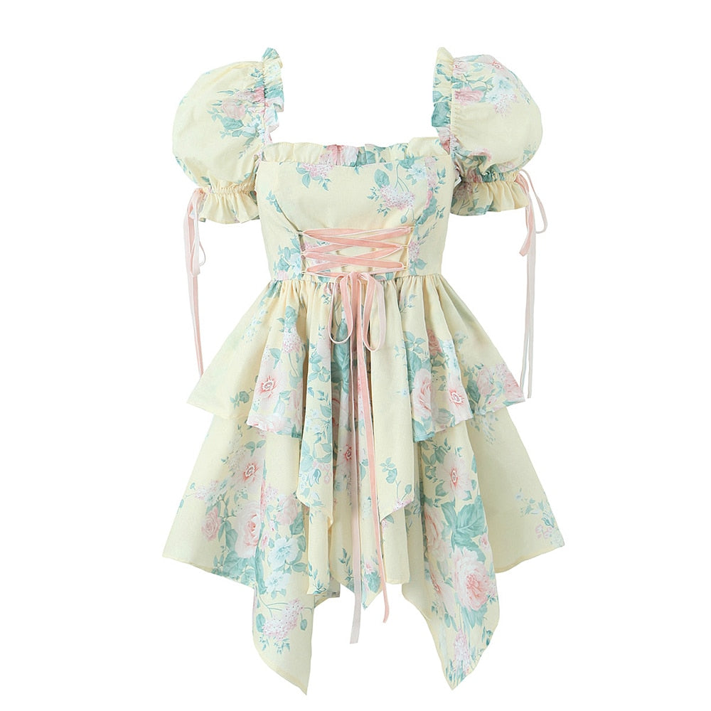 maoxiangshop Women Summer Fashion Sweet Floral Print Mini Dress Vintage Square Collar Chic Wood Ear Princess Dresses