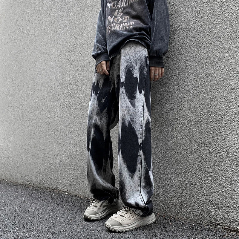 maoxiangshop Tie-dye Jeans Men High Street Straight Denim Pants Men Baggy Fashion Trend Jean Pants Mens Wide-leg Trousers BF Clothing