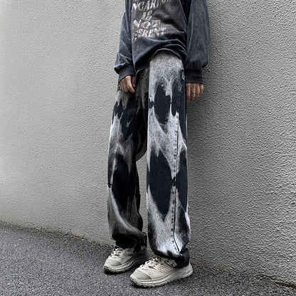 maoxiangshop Tie-dye Jeans Men High Street Straight Denim Pants Men Baggy Fashion Trend Jean Pants Mens Wide-leg Trousers BF Clothing