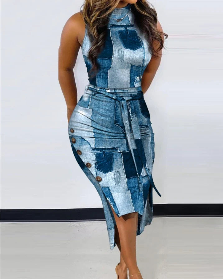 maoxiangshop Dresses for Women Summer Denim Look Print Casual Mock Neck Sleeveless Sexy Slit Skinny Daily Midi Dress with Belt