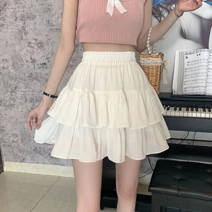 maoxiangshop White Ruffles Mini Skirt Women Kawaii Elastic Waist A-line Loose Preppy Style Cute Short Pleated Skirt Korean Fashion