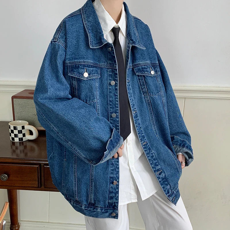 maoxiangshop Plus Size 5XL-M Black Denim Jacket Mens Turn Down Collar Jeans Coats Multi-pockets Overalls Streetwear Loose Casual Men Clothing