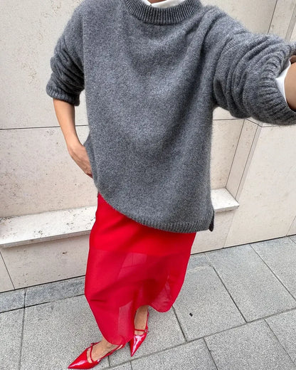 maoxiangshop  -  Women Gray Knitted Sweater Fashion O-neck Long Sleeve Basic Casual Pullover Top 2024 Autumn New Female Commuting Knitwear