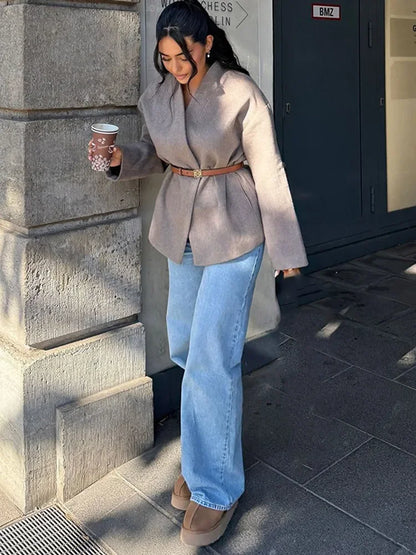 maoxiangshop  -  Winter Fashion Grey Khaki V Neck Full Sleeves Women Coat Elegant Solid Color Casual Loose Jacket Woman Autumn Commuter Outerwear