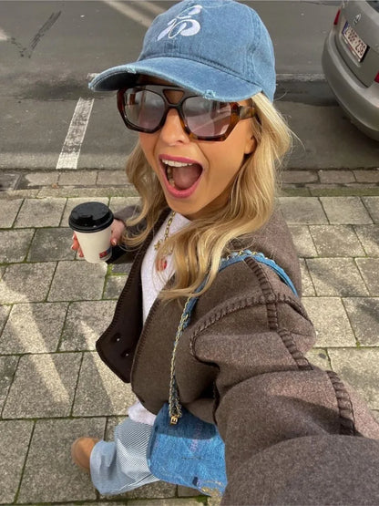 maoxiangshop -  Brown Cropped Woolen Cardigan Jackets Women V Neck Long Seeve Warm Button Coat Autumn Winter Lady Commuter Outwears