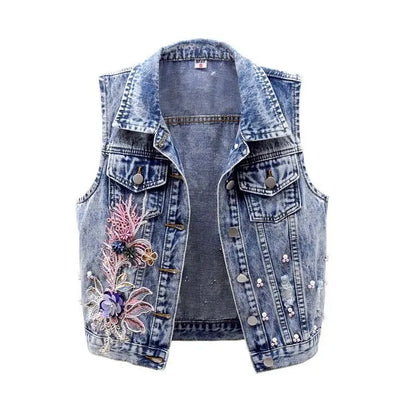 maoxiangshop 2024 Student Vest Slim Short Jacket Embroidery Flowers Sleeveless Denim Vest Women's Beaded Waistcoat Hole Jeans Vest Coat Girl