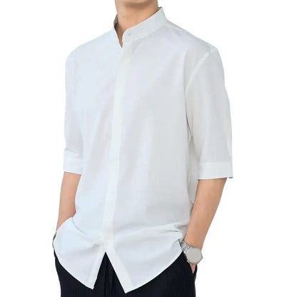 maoxiangshop Slim Fit Stand Collar Shirt Men Solid Color Shirt Stylish Stand Collar Men's Shirt for Business Commute Office Slim Fit Half