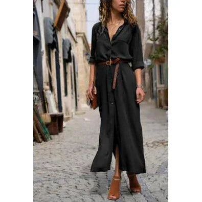 maoxiangshop-Summer Button Side Split Long Dress Women Solid Casual Loose Dress Ladies Long Sleeve Midi Dresses 2024 Luxuri Even Dress