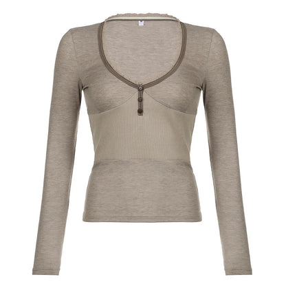 maoxiangshop-Vintage Deep V-neck Knitted Top Khaki Casual Basic Slim-fit T-shirts Fairy Grunge Long Sleeve Tops Elegant Streetwear