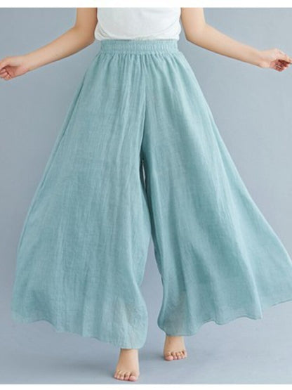 Summer Nine-point Pants Cotton and Linen Elastic Waist Loose Type Mid-waist Temperament Commuter Wide-leg Pants