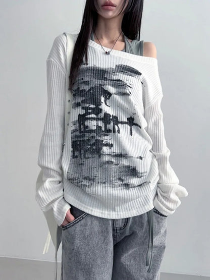 maoxiangshop  -  Autumn Harajuku Women Printing Tees Vintage Streetwear Grunge Skew Collar Tops Y2k Aesthetic Loose Casual Hiphop Vintage Tops
