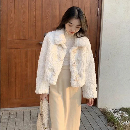 Korean Patchwork Lamb Wool Outerwear Women Autumn Winter Gentle Wind Horn Buckle Faux Fur Jacket Female Plush Loose Tops